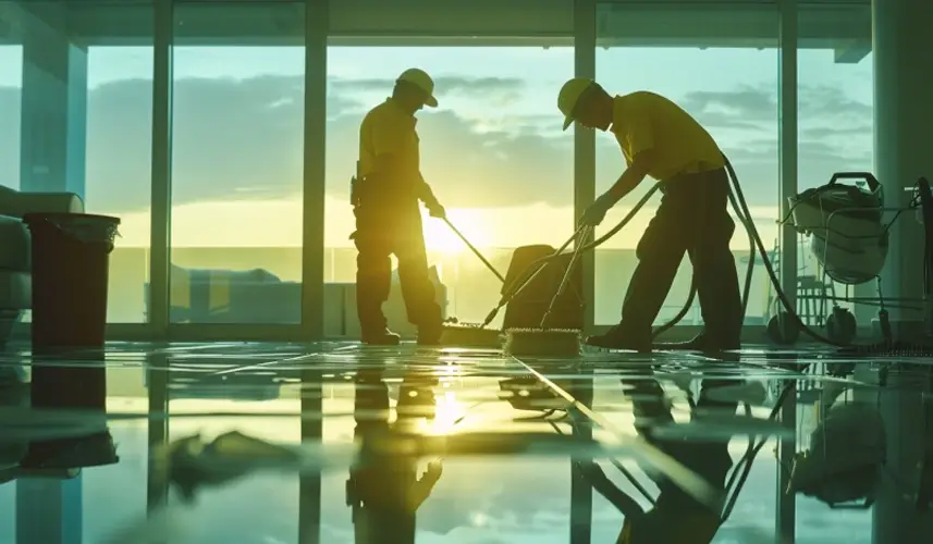 two men mopping the floor in a commercial building