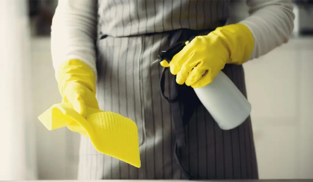 Woman in yellow rubber protective gloves wiping dirty desk.