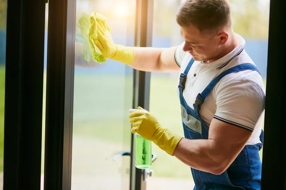 A muscular man in yellow gloves cleans a window with a cloth while holding a green spray bottle, sunlit outdoors