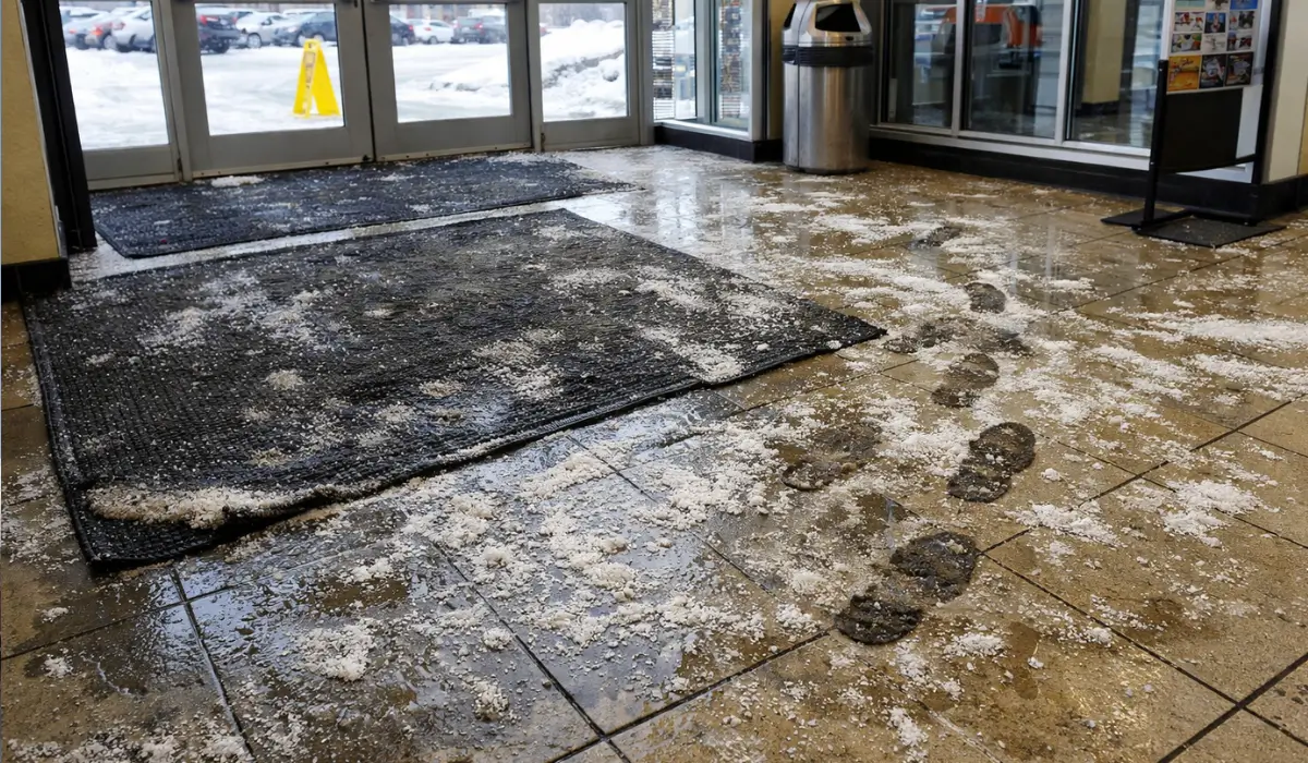 Commercial tile entrance covered in slush and salt showing how winter destroys commercial floors over time.