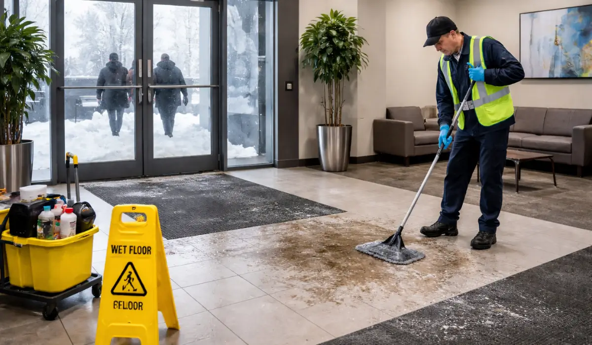 Property managers addressing winter salt damage inside commercial office building lobby entrance area.